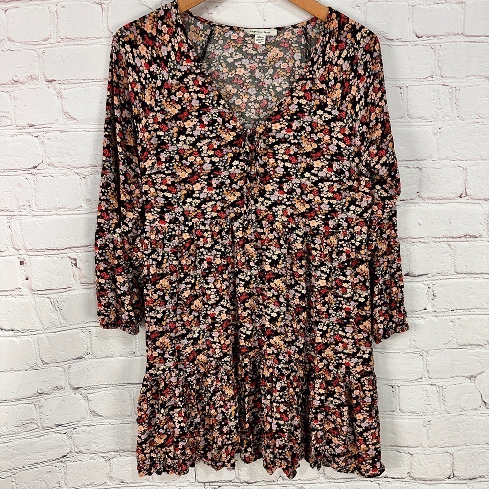 American Eagle ditsy Floral mini dress ruffles size medium black pink yellow - Picture 4 of 10
